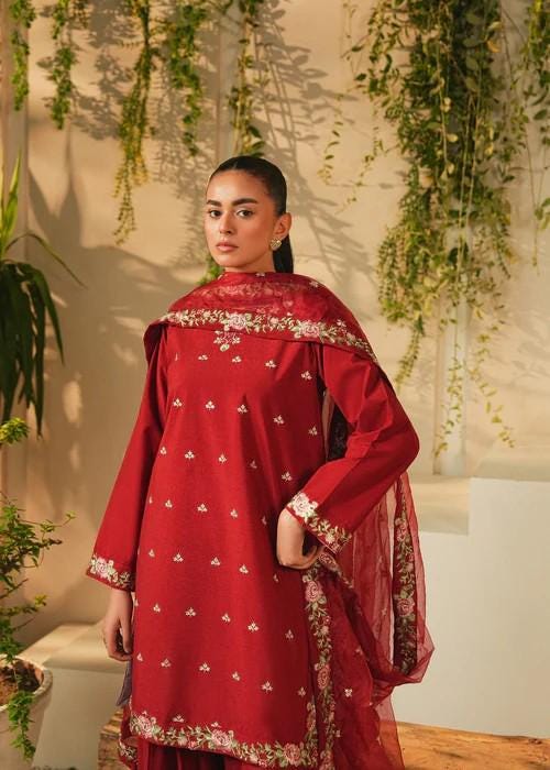 3 piece - Pakistani Designer Embroidered Farshi Shalwar Lawn Suit - Maroon