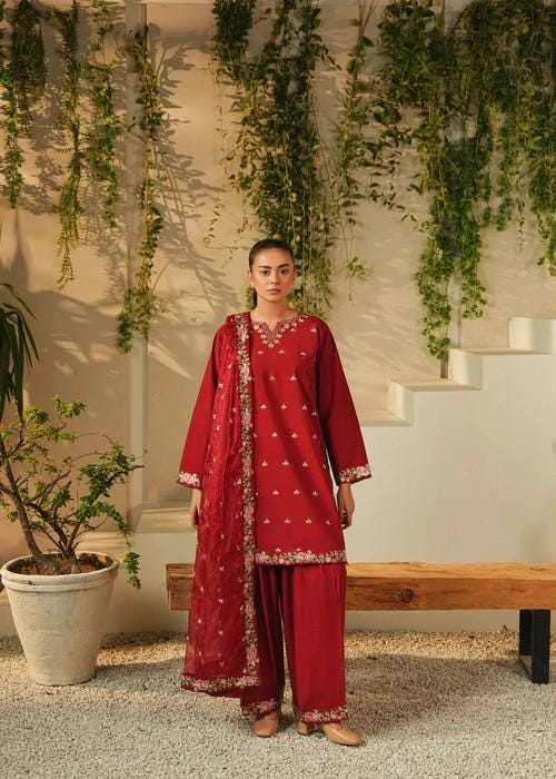 3 piece - Pakistani Designer Embroidered Farshi Shalwar Lawn Suit - Maroon