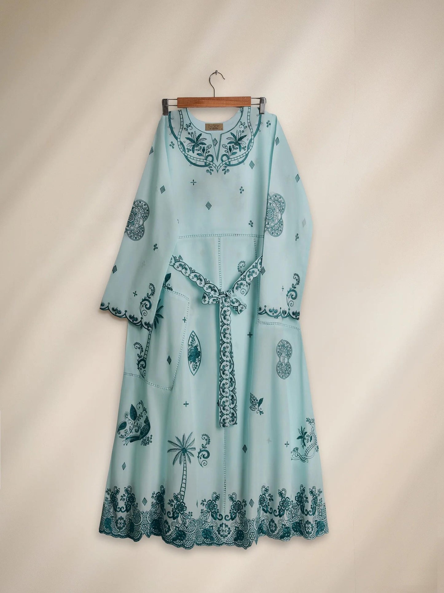 Aghanoor Maxi Dress - Sea - Green Embroidered Long Shirt - floral and paisley patterns