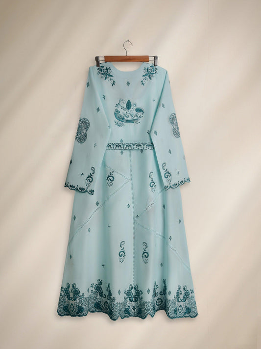 Aghanoor Maxi Dress - Sea - Green Embroidered Long Shirt - floral and paisley patterns