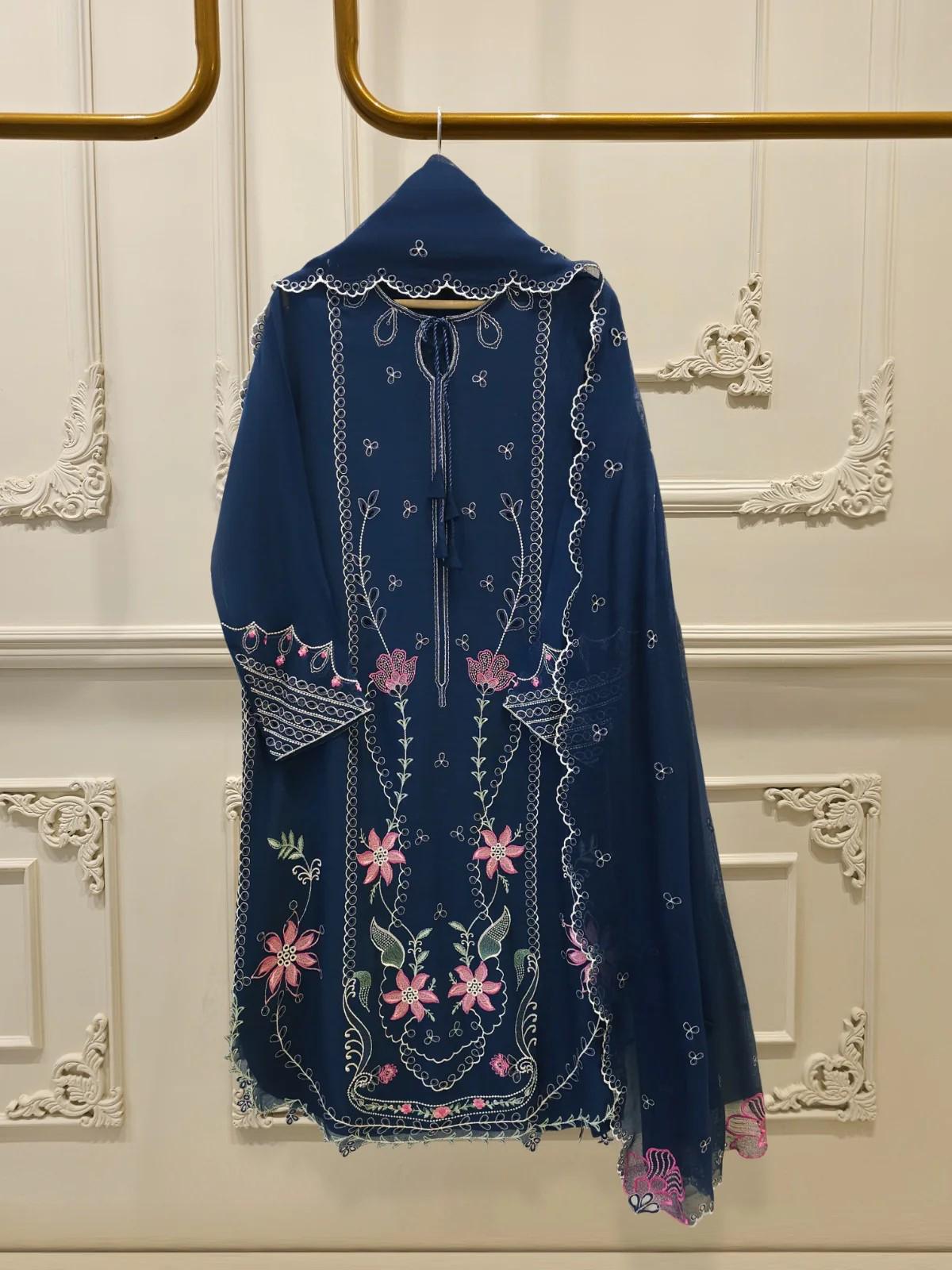 Agha Noor 3 Piece Pure Cotton Net Embroidered Suit - Silk Pants