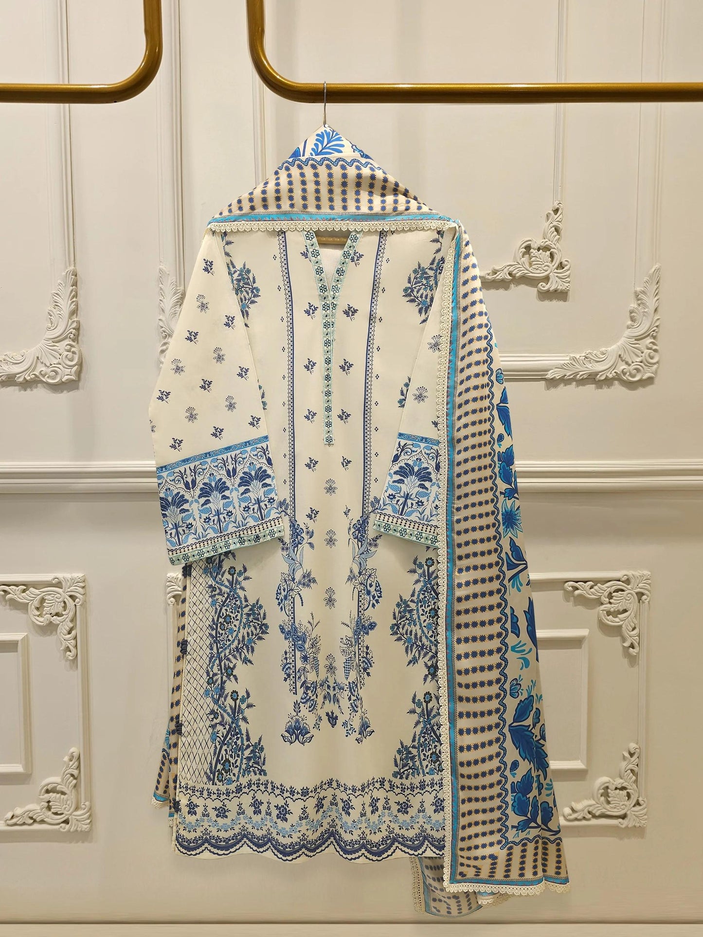 Agha Noor 3 Piece Digital Printed Lawn Suit - Charmeuse Silk Dupatta