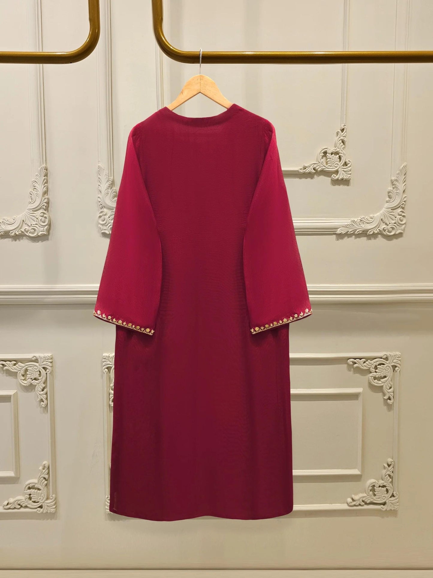 Agha Noor 3 Piece Embroidered Cotton Net Suit: Maroon Korean Silk Pants, Organza Dupatta