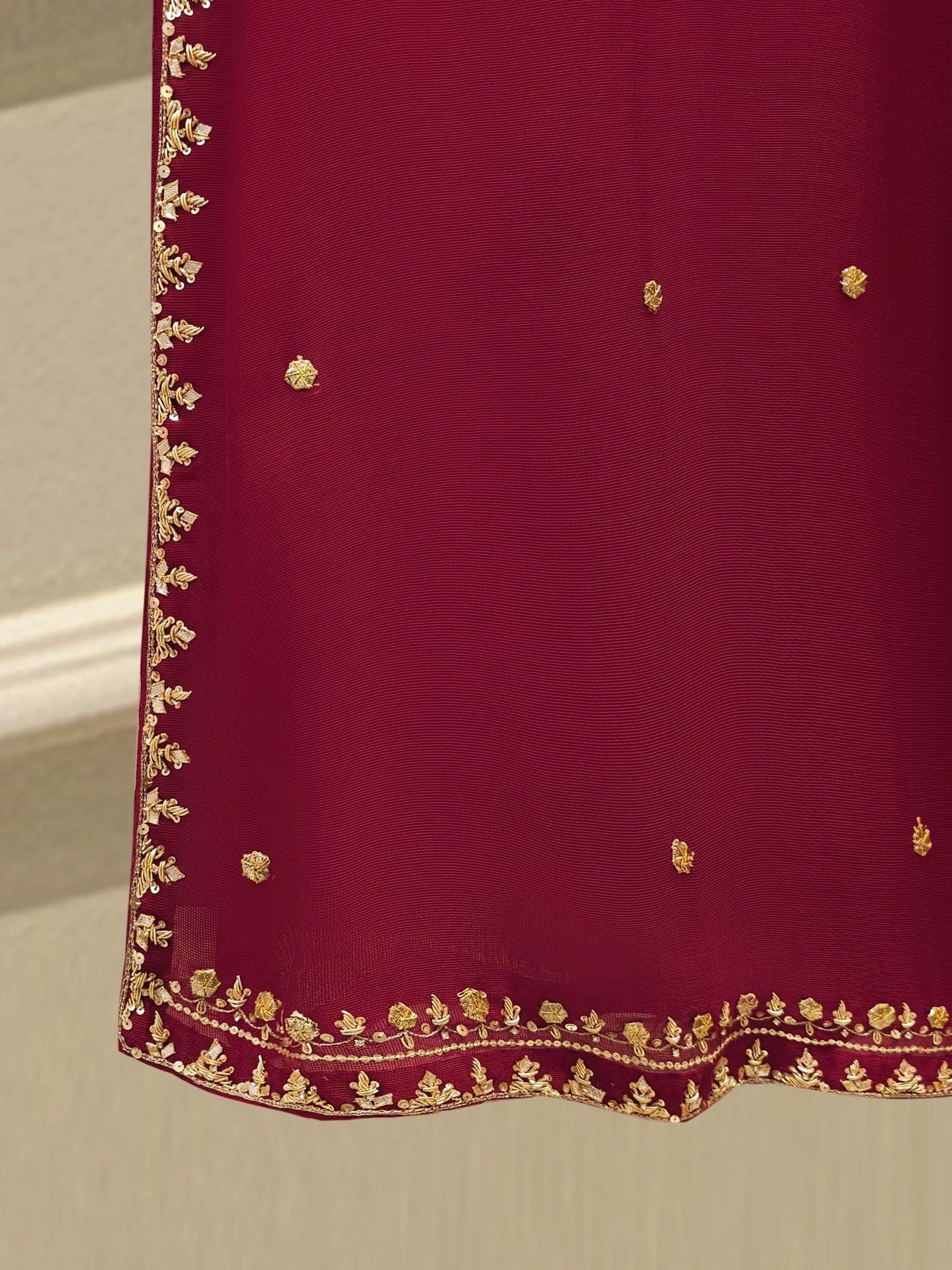 Agha Noor 3 Piece Embroidered Cotton Net Suit: Maroon Korean Silk Pants, Organza Dupatta