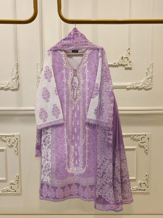 Agha Noor 2 Piece Digital Printed Embroidered Lawn Suit - Lavender - Chiffon Dupatta