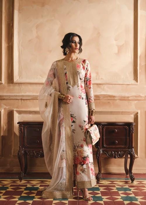 3 piece - Embroidered Printed Lawn Suit with Palazzo Pants and Organza Dupatta