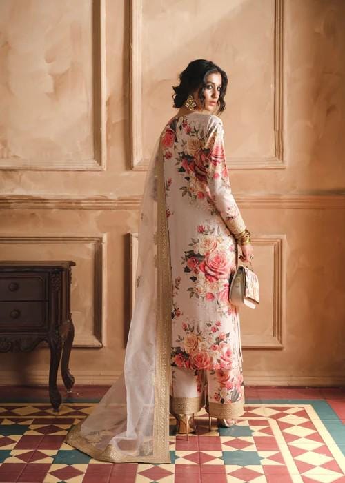 3 piece - Embroidered Printed Lawn Suit with Palazzo Pants and Organza Dupatta