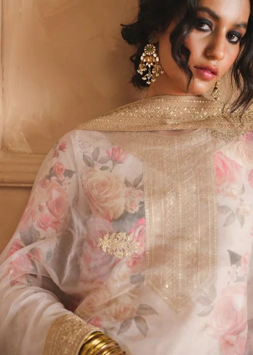3 piece - Embroidered Printed Lawn Suit with Palazzo Pants and Organza Dupatta