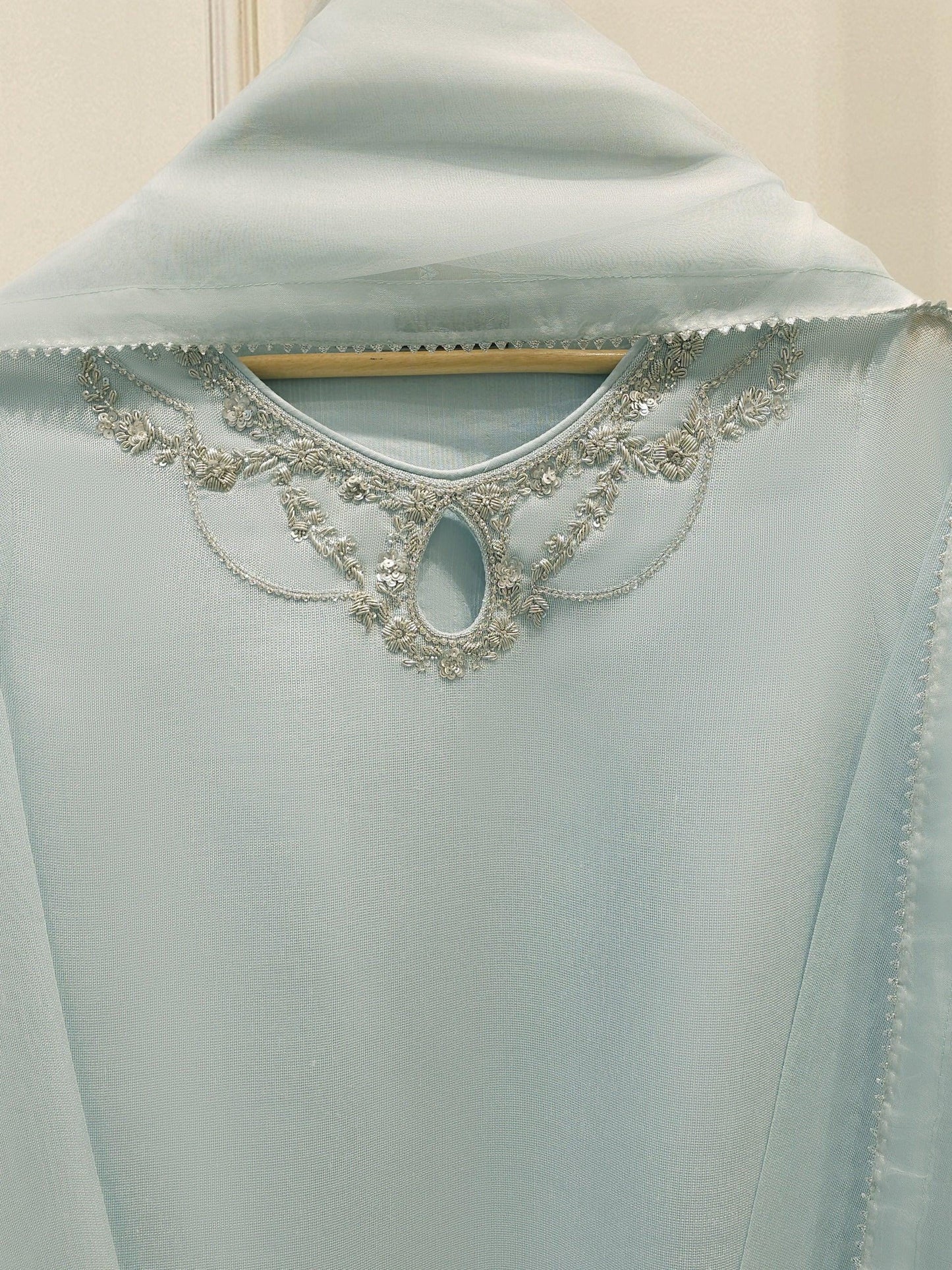 Agha Noor 3  Piece Set Embroidered Cotton Net Suit:  Ice Blue