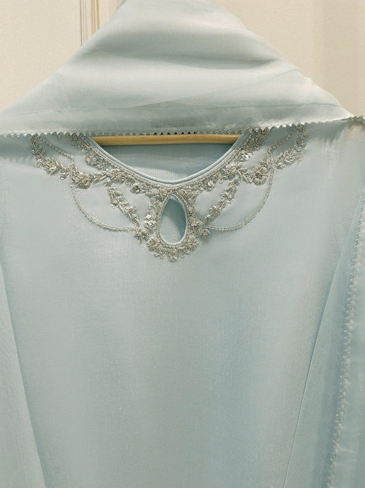 Agha Noor 3  Piece Set Embroidered Cotton Net Suit:  Ice Blue