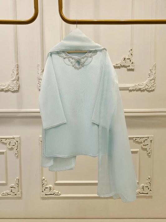 Agha Noor 3  Piece Set Embroidered Cotton Net Suit:  Ice Blue