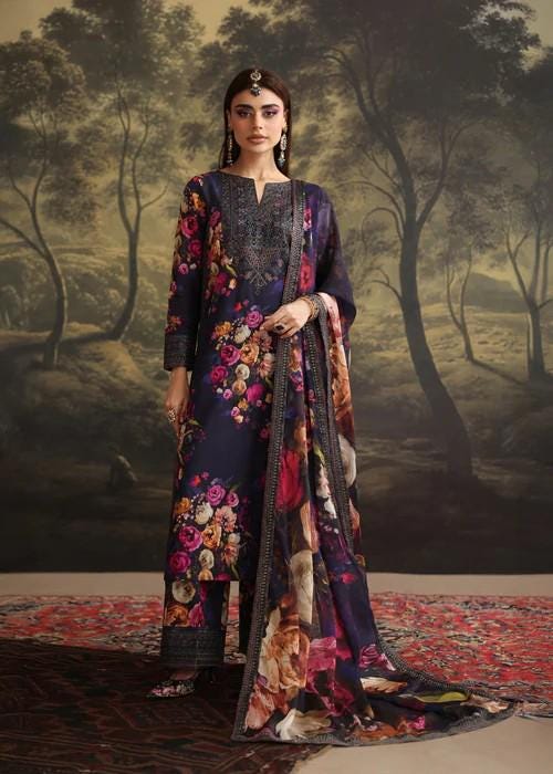 Embroidered Lawn Suit with Palazzo Pants & Silk Dupatta - Purple