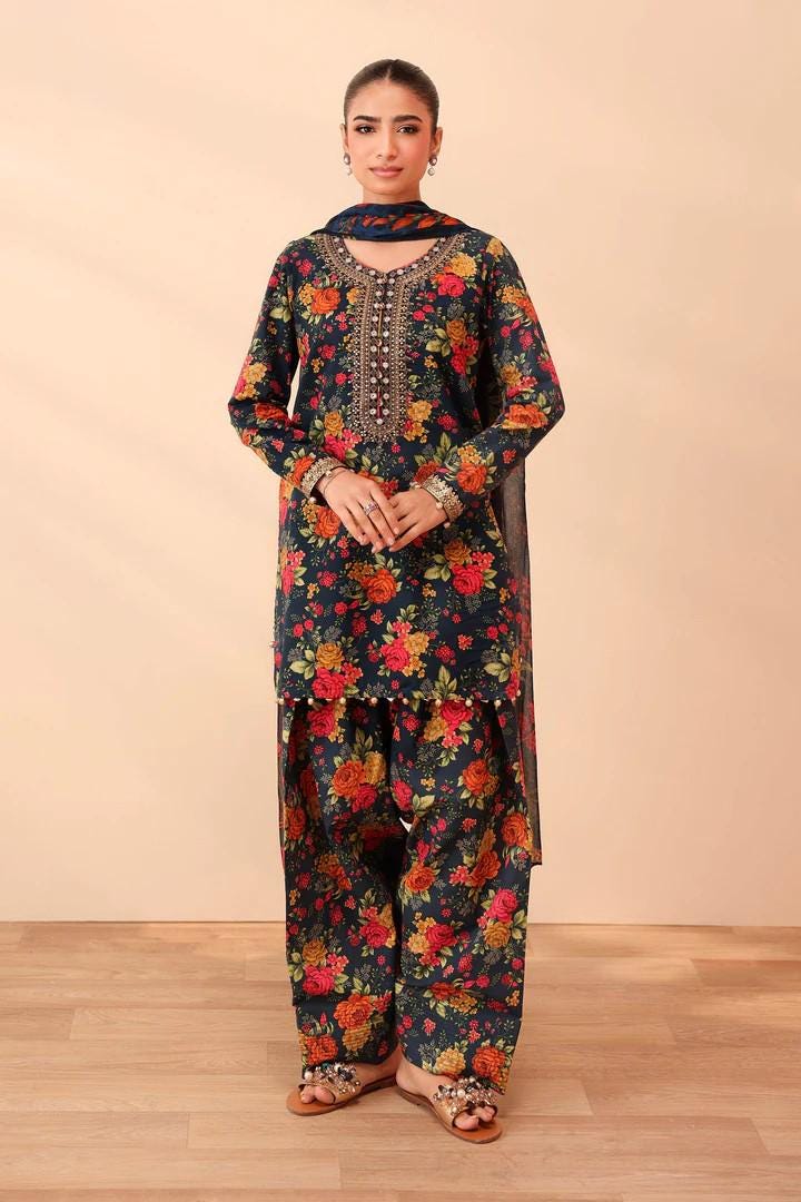 Maria.B - 3 Piece Embroidered Lawn Suit Farshi Shalwar - Chiffon Dupatta - Teal