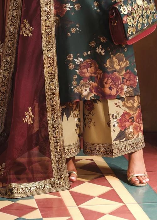 Embroidered Lawn Suit with Palazzo Pants & Silk Dupatta - Dark Green