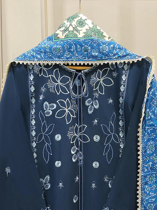 Agha Noor 3 Piece Pure Embroidered Lawn Suit - Navy Blue