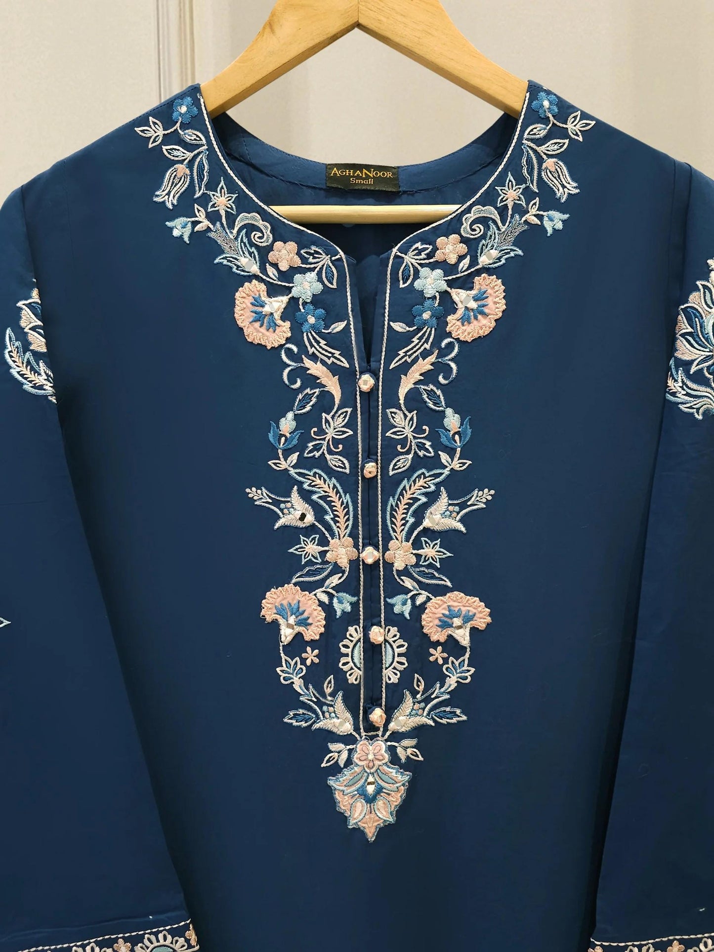 Embroidered Lawn Suit: Navy Blue Shalwar Kameez - Agha Noor 2 Piece