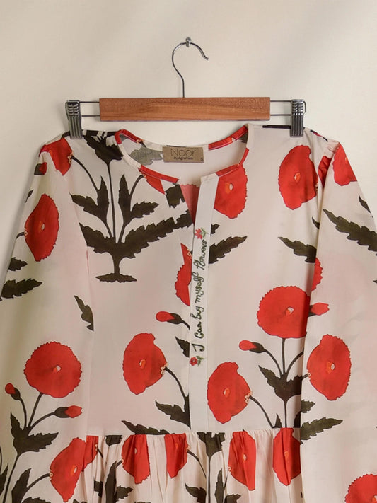 Floral Poppy Print Maxi Dress - Embroidered Lawn Fabric