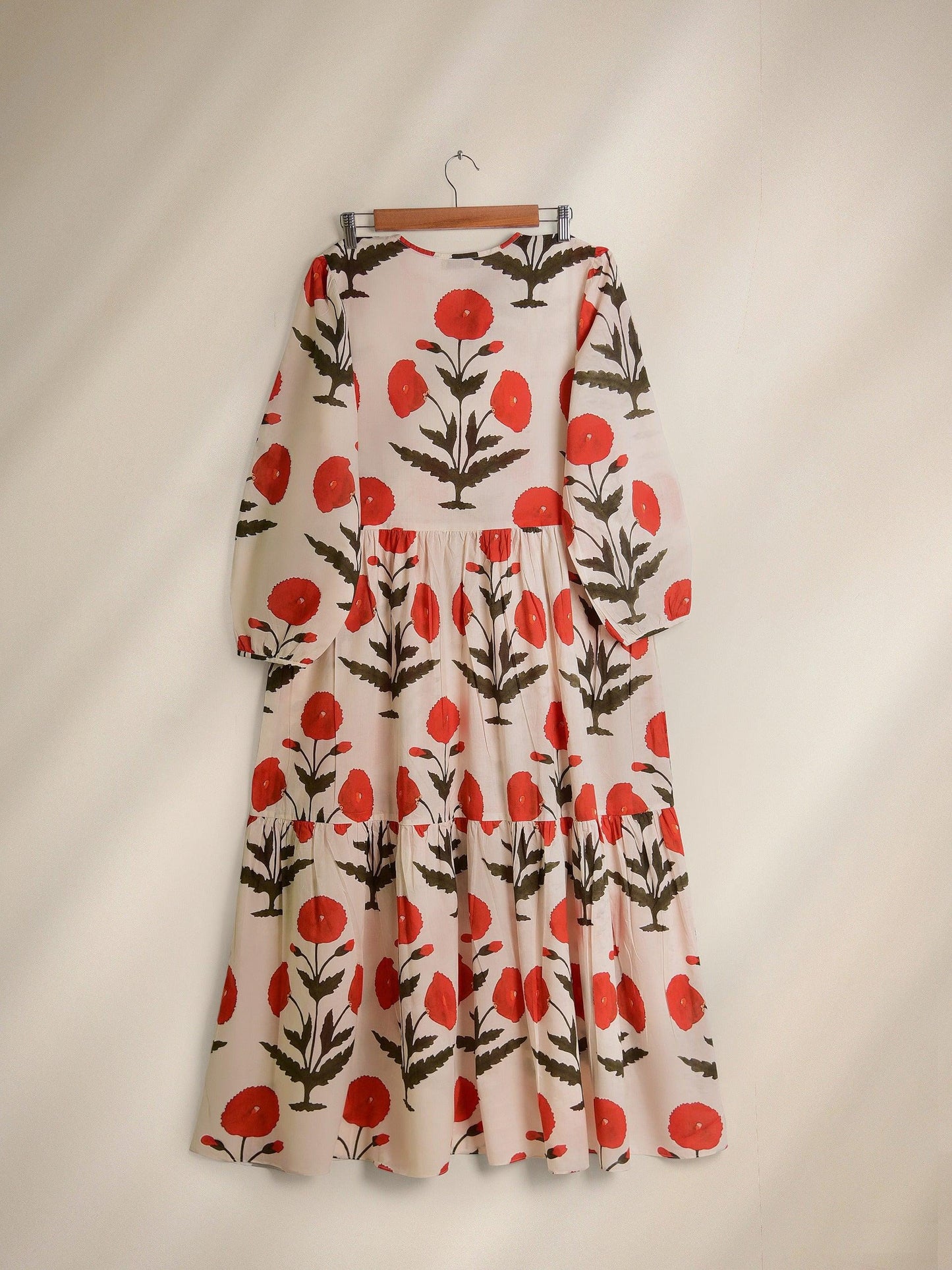 Floral Poppy Print Maxi Dress - Embroidered Lawn Fabric