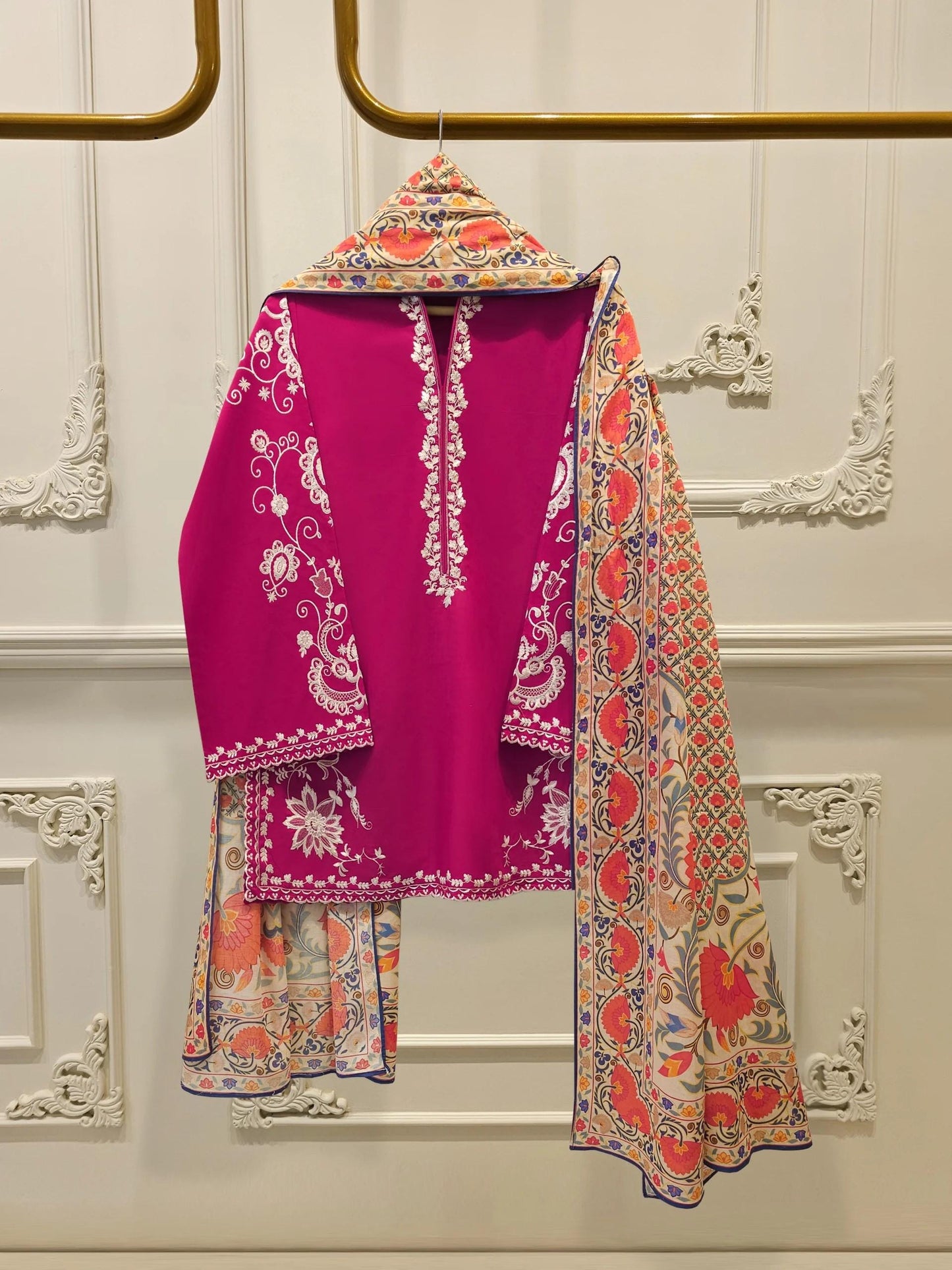 Agha Noor 3 piece - Embroidered Lawn Suit - Hot Pink
