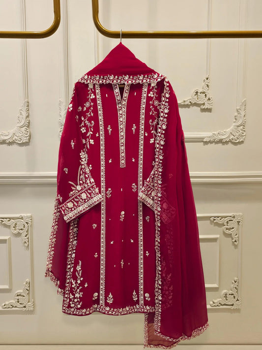 Agha Noor 3 Piece - Pure Embroidered Chiffon Suit (Size - Large) - Maroon - Chiffon Dupatta