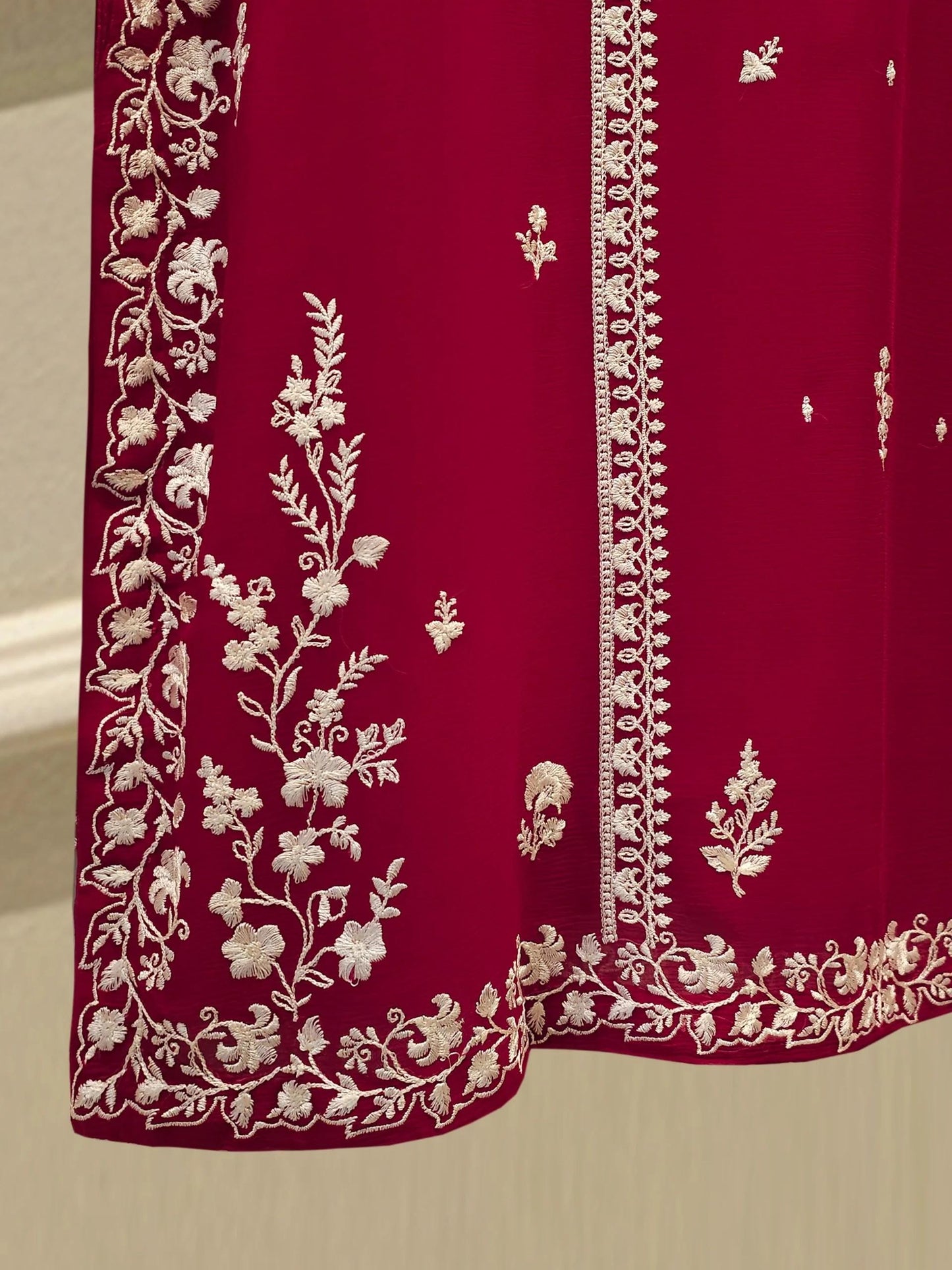 Agha Noor 3 Piece - Pure Embroidered Chiffon Suit (Size - Large) - Maroon - Chiffon Dupatta