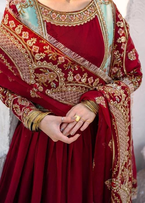 Maroon Chiffon Anarkali - Raw Silk Pants - 3 Piece Pakistani Designer Festive Wear