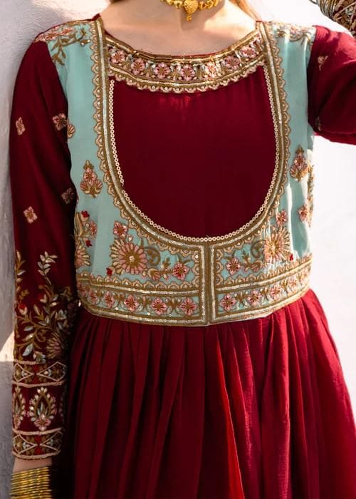 Maroon Chiffon Anarkali - Raw Silk Pants - 3 Piece Pakistani Designer Festive Wear