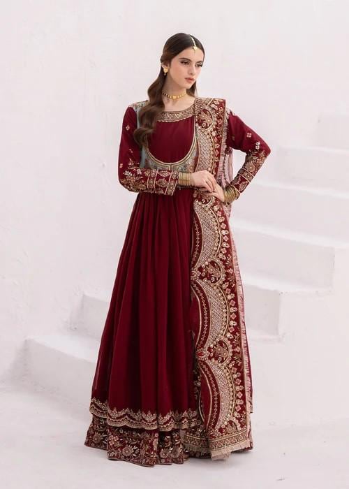 Maroon Chiffon Anarkali - Raw Silk Pants - 3 Piece Pakistani Designer Festive Wear