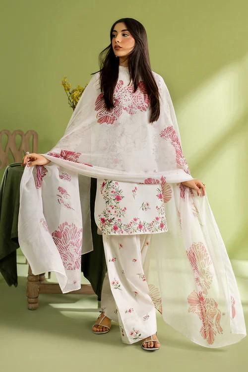 3 piece - Pakistani Designer Farshi Shalwar Lawn Suit - Silk Dupatta