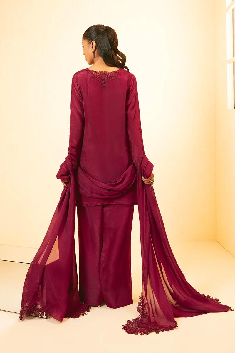 3 piece - Designer Brand Farshi Embroidered Shalwar Suit -  Tassel Silk Top, Bottom & Dupatta