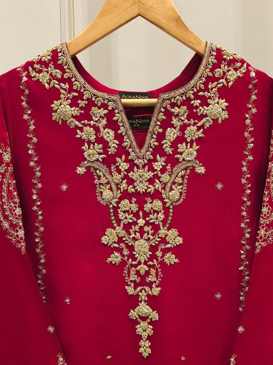 Agha Noor 2 Piece Pure Silk  Embroidered Suit - Raw Silk Pants