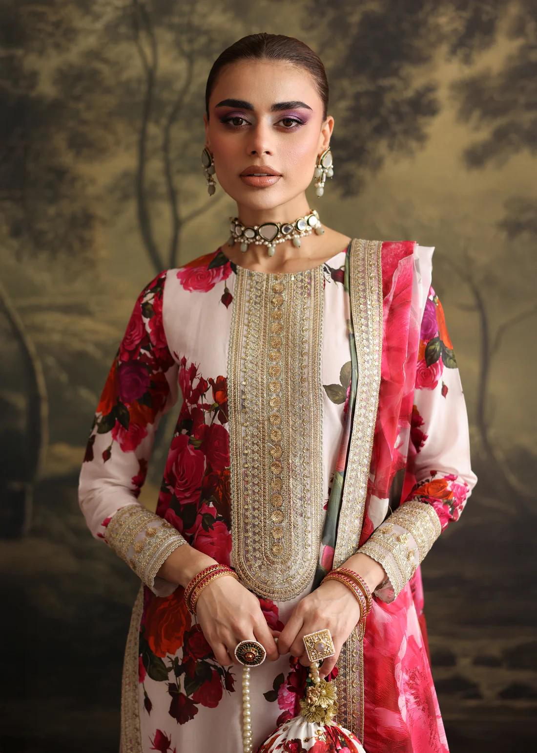 Embroidered Lawn Suit: Palazzo Pants & Organza Dupatta - 3 Piece
