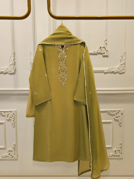Agha Noor 3 Piece Embroidered Pure Silk Net Suit: Dhani Green, Raw Silk Pants, Chiffon Dupatta