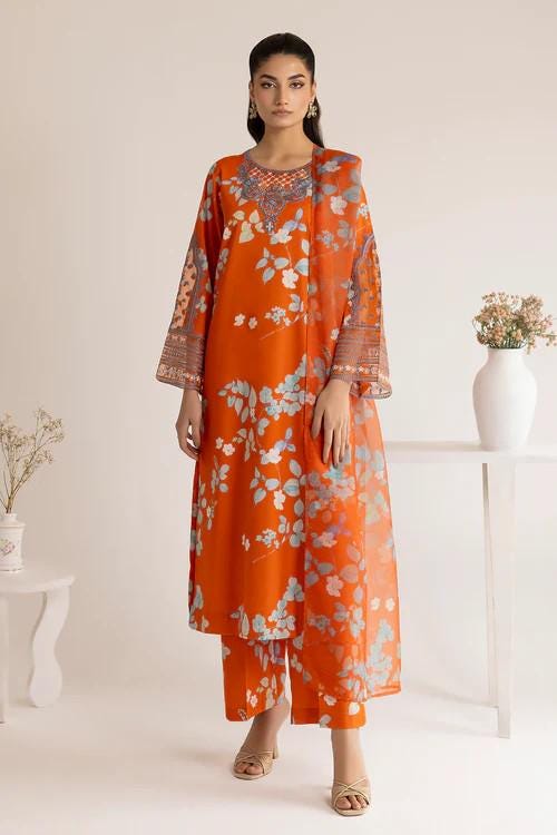 Pakistani Designer Lawn Suit - Net Dupatta - 3 Piece