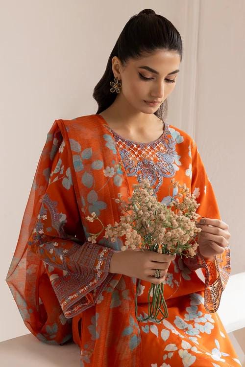 Pakistani Designer Lawn Suit - Net Dupatta - 3 Piece
