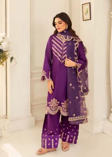 3 piece - Farshi Shalwar Kattan Silk Suit - Organza Dupatta