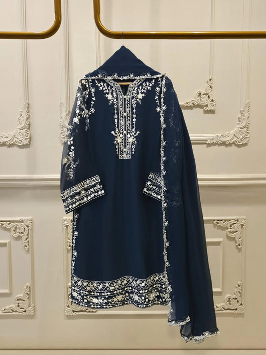 Agha Noor 3 Piece - Embroidered Chiffon Suit - Chiffon Dupatta - Navy Blue