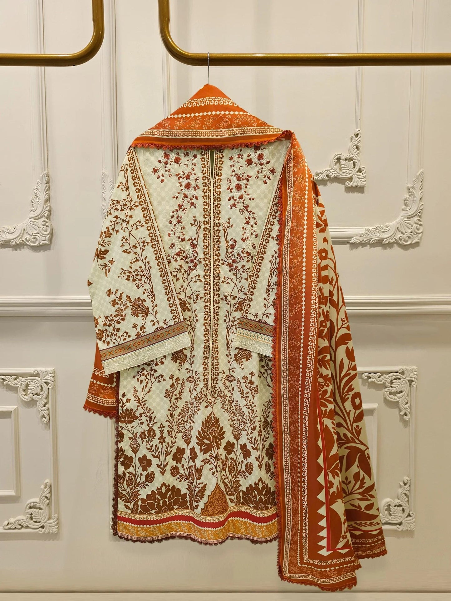 Agha Noor 3 piece - Embroidered Lawn Suit - Caramel and Cream Color