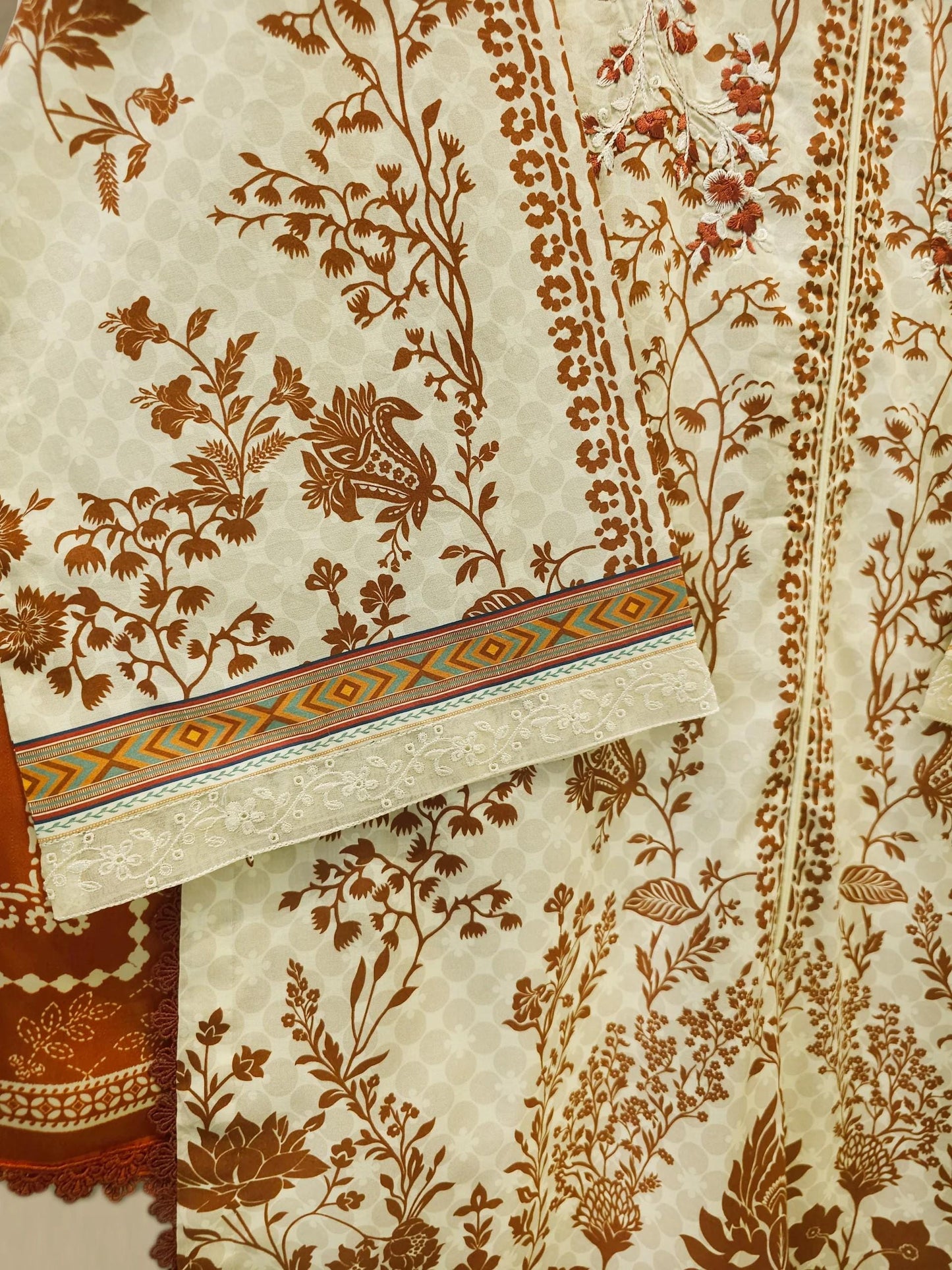 Agha Noor 3 piece - Embroidered Lawn Suit - Caramel and Cream Color