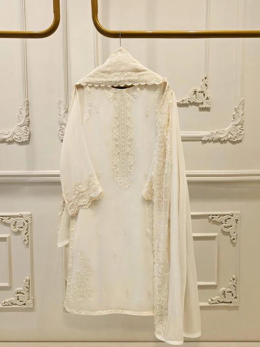 Agha Noor 3 Piece - Pure Embroidered Chiffon Suit - Off White