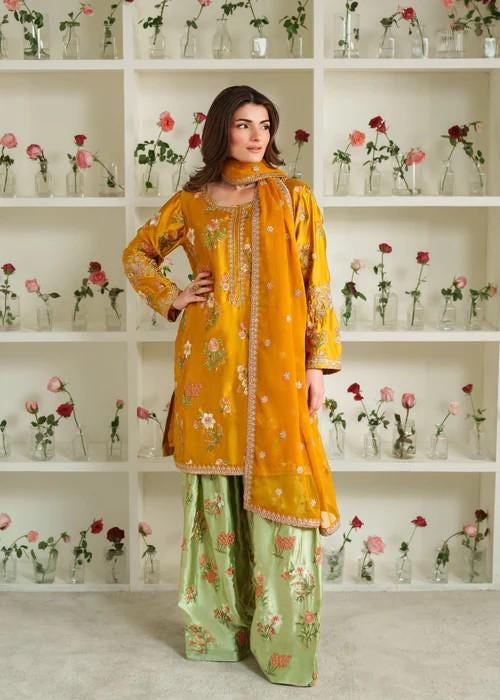 4 Piece Embroidered Silk Suit: Farshi Shalwar, Chiffon Dupatta & Potli Bag