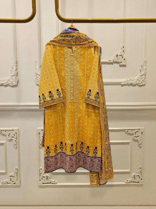 Aghanoor 2 piece - Digital Printed Embroidered Lawn Suit - Yellow - India Pakistan Bangladesh Dupatta Kameez