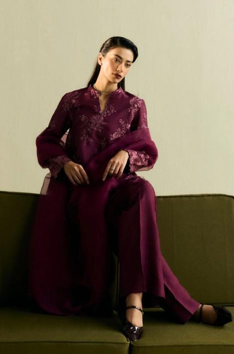 3 piece Designer - Raw Silk and Organza - Plum