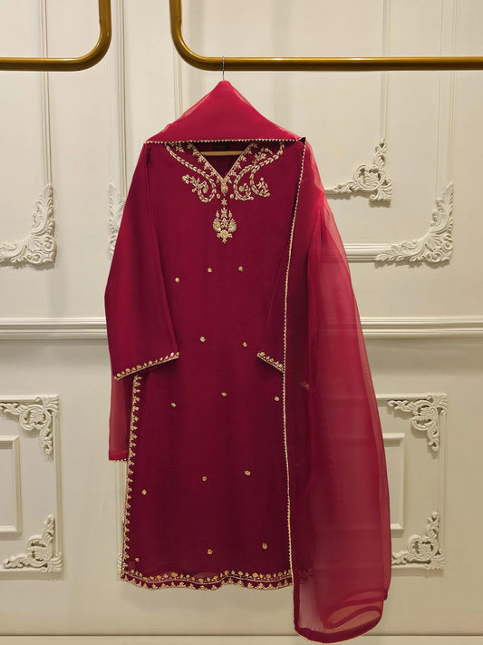 Agha Noor 3 Piece Embroidered Cotton Net Suit: Maroon Korean Silk Pants, Organza Dupatta