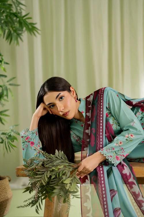 3 piece - Farshi Shalwar Lawn Suit - Silk Dupatta