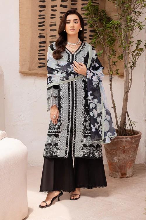 3 piece - Pakistani Designer Lawn Suit - Silk Dupatta, Palazzo Pants