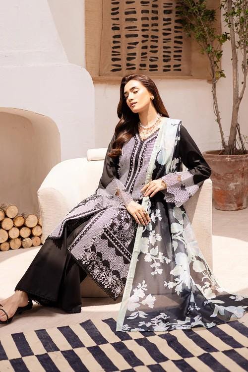 3 piece - Pakistani Designer Lawn Suit - Silk Dupatta, Palazzo Pants