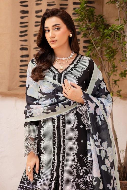 3 piece - Pakistani Designer Lawn Suit - Silk Dupatta, Palazzo Pants