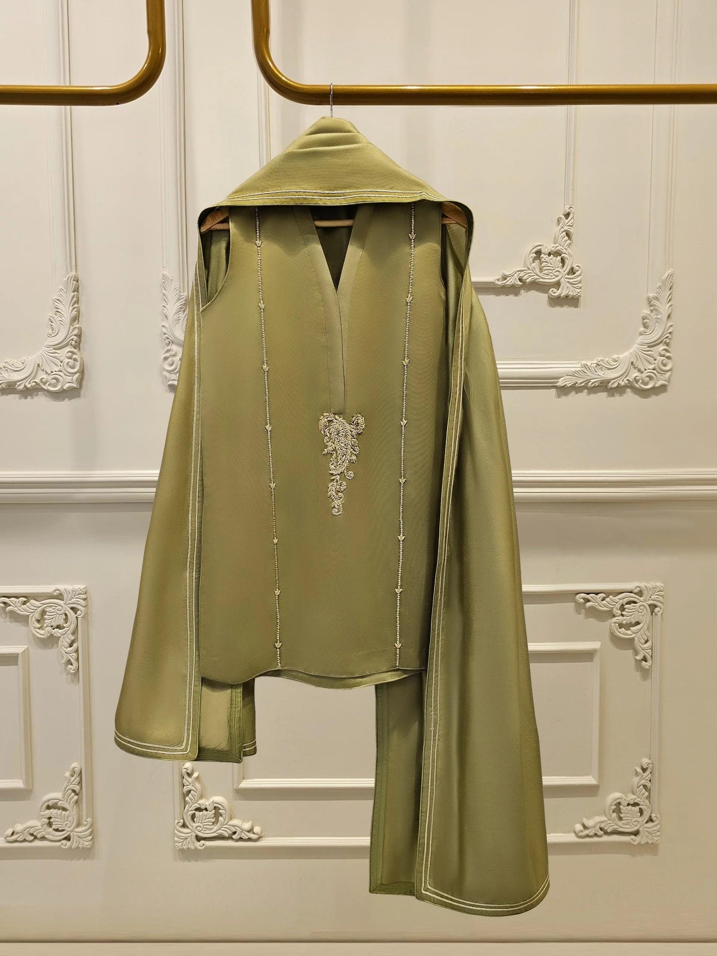 Embroidered Pure Silk Suit: Agha Noor Olive Green