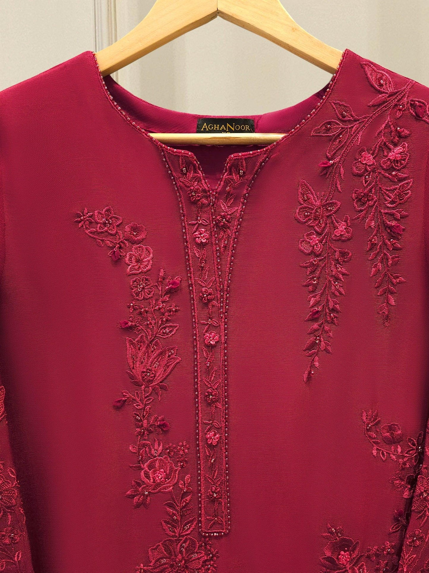 Agha Noor Embroidered Cotton Net Suit: Silk Pants, Maroon - 2 Piece